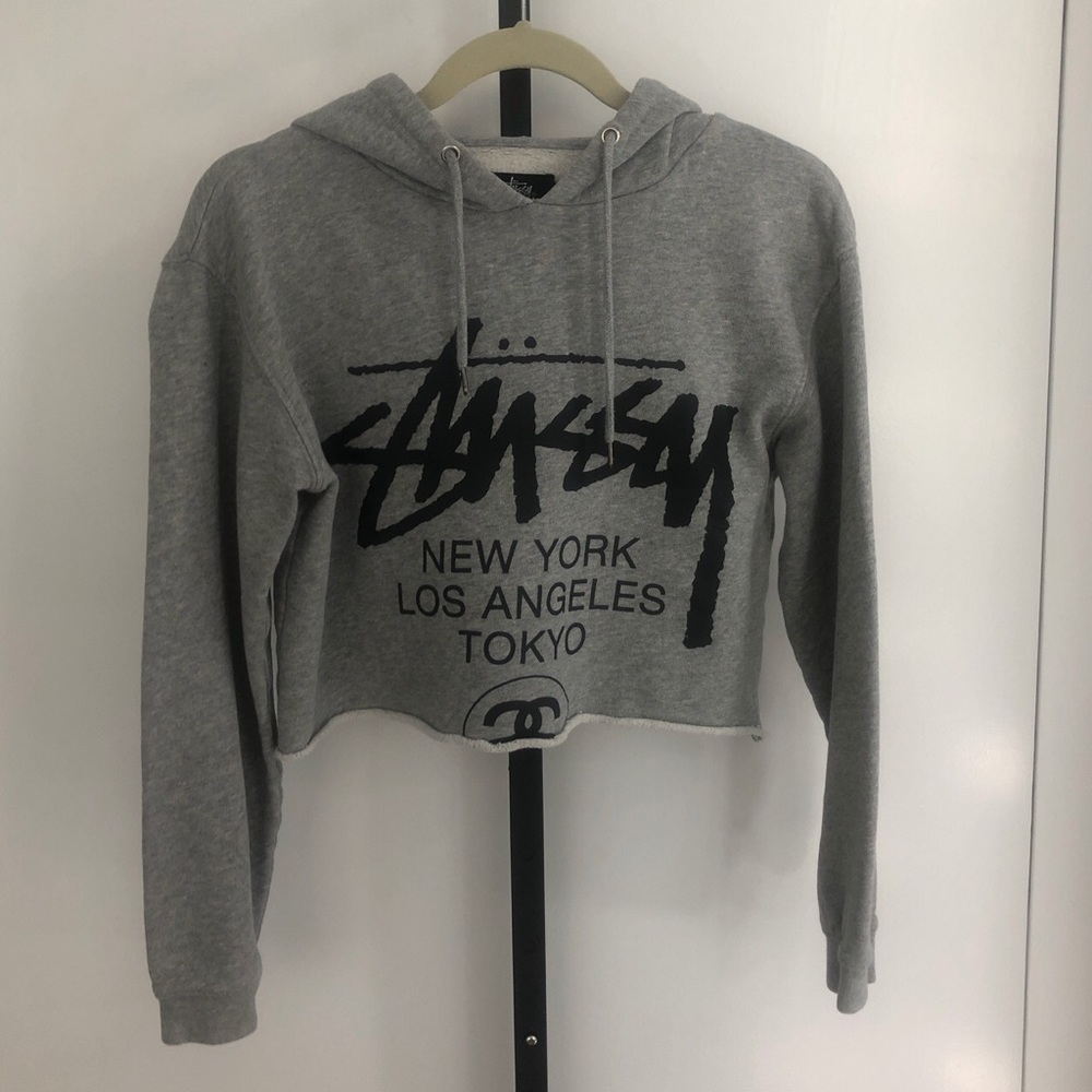 STÜSSY GRAY CROPPED CITIES HOODIE